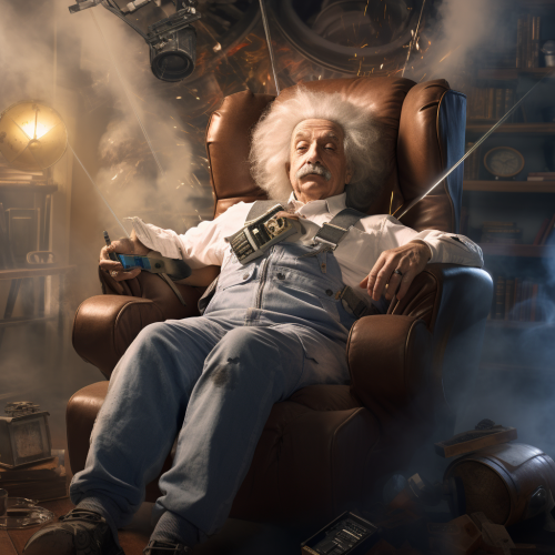Albert Einstein in Jetpack-Powered Recliner