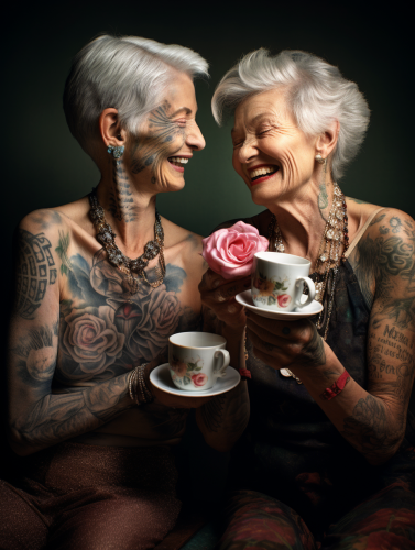 Two elderly women with tattoos laughing and talking