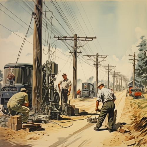 Cartoon-style propaganda photo of electric transmission network poles