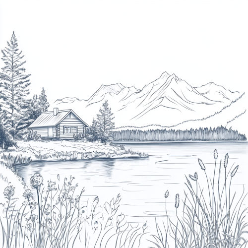cabin lake mountains trees drawing cabin lake mountains trees drawing