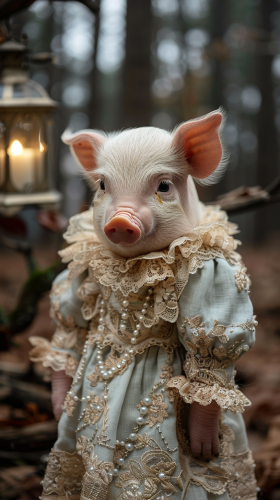 Baby piglet in Victorian dress