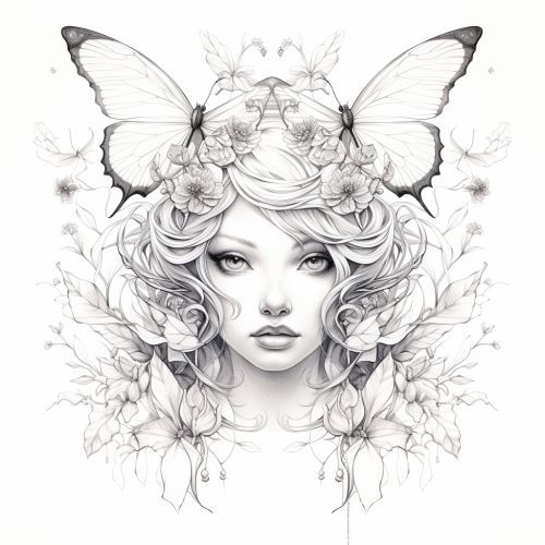 Elf Birds Butterflies Leaves Symmetrical Drawing