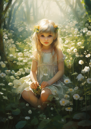 Elf girl baby sitting in a flower-filled field