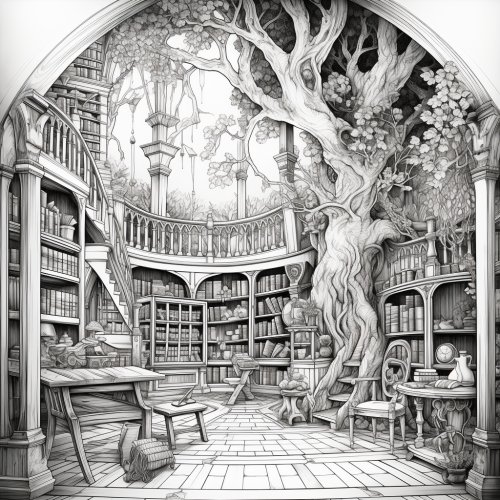 Coloring Page of Elvish Library