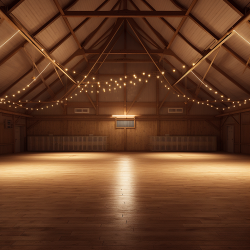 Empty community hall with festoon lights