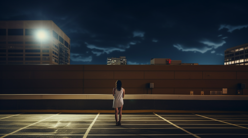Woman leaning over city parking garage edge