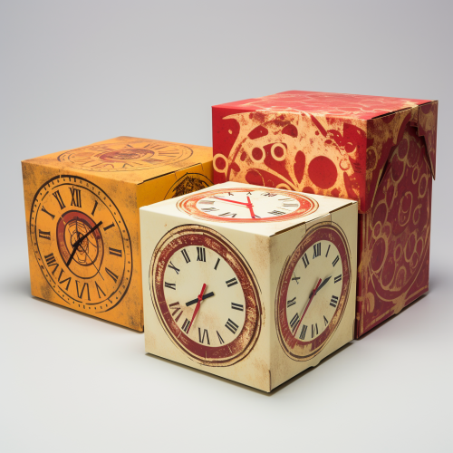 Empty pizza boxes depicting clock hours