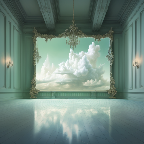 Ornate mirror in dreamy cloud-filled room Ornate mirror in dreamy cloud-filled room