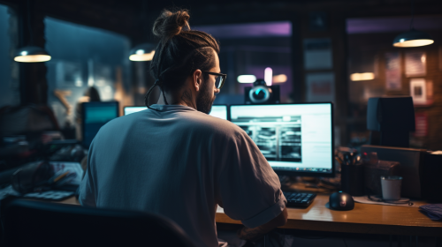 Man with Man Bun Working in Empty Studio