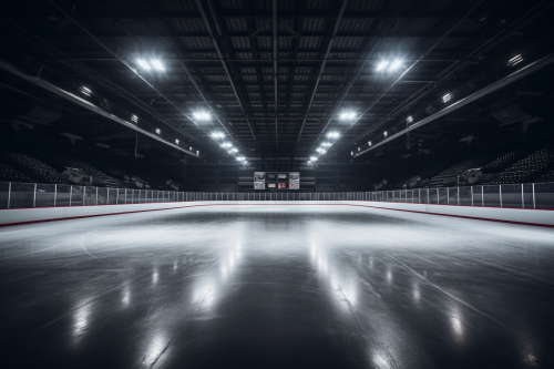 Epic arena lighting illuminates empty hockey rink