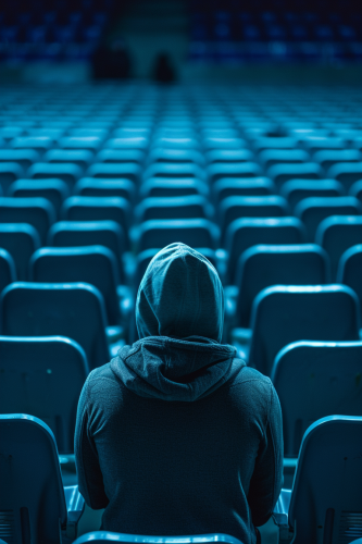 Empty seats in stadium with single man