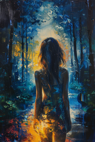 impressionism forest girl deer painting