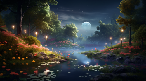 Enchanted forest with river and flowers