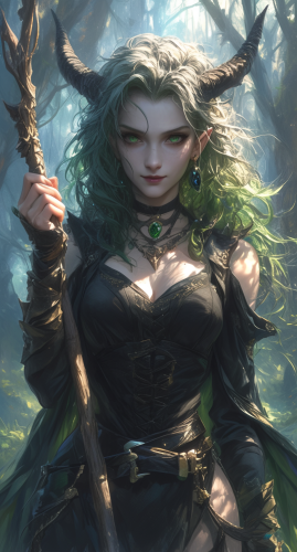 Exotic enchantress with evil smile and Nordic background