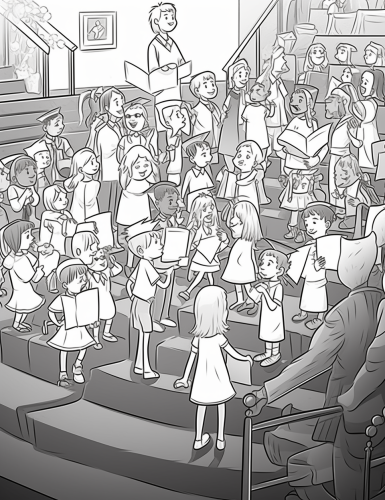 Preschoolers performing on stage with graduation caps