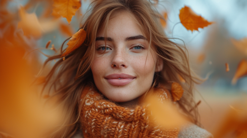 Energetic woman catching orange leaves