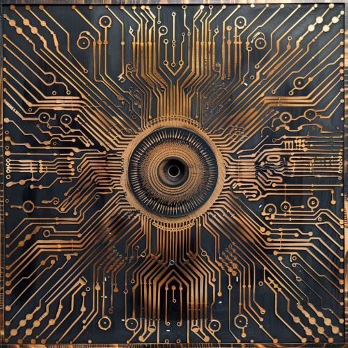 Detailed psychedelic circuit board engraving design