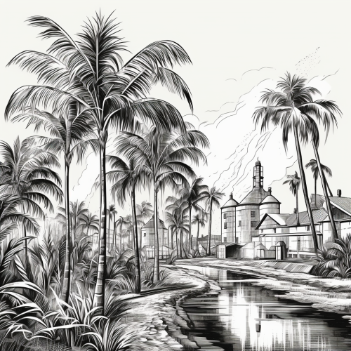 Engraving of sugar cane plantation with palm trees