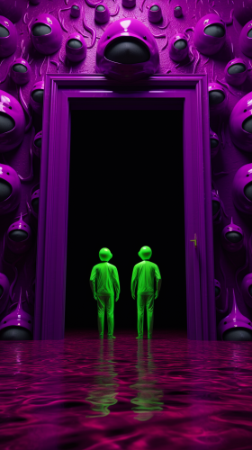 Two mysterious purple aliens against vibrant green backdrop