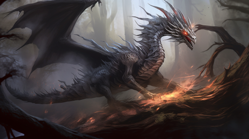 Enigmatic wyvern in dark forest Enigmatic wyvern in dark forest