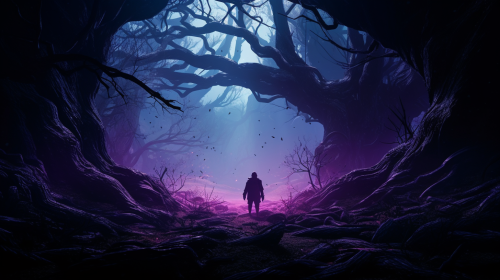 Assassin facing demon in forest