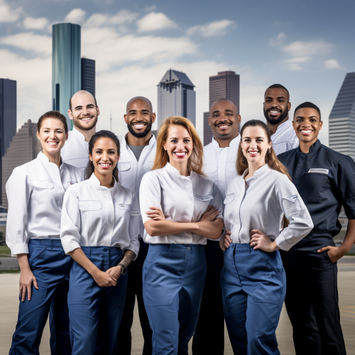 European workers smiling with Houston Texas skyline European workers smiling with Houston Texas skyline