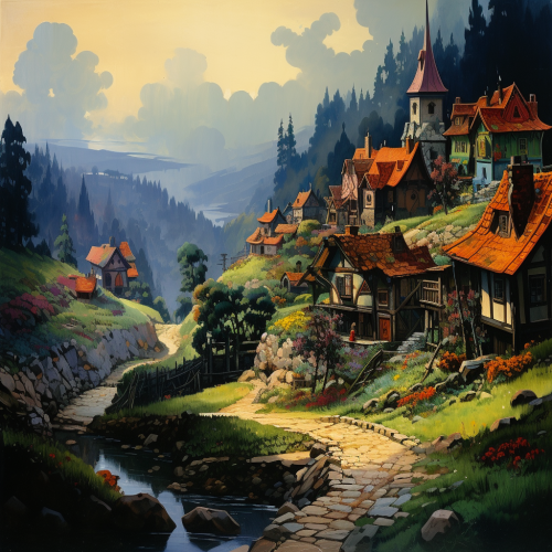 Vibrant European village with cottages and fireplaces