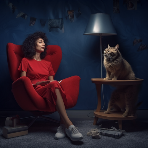 European woman with huge leg hairs and cat playing