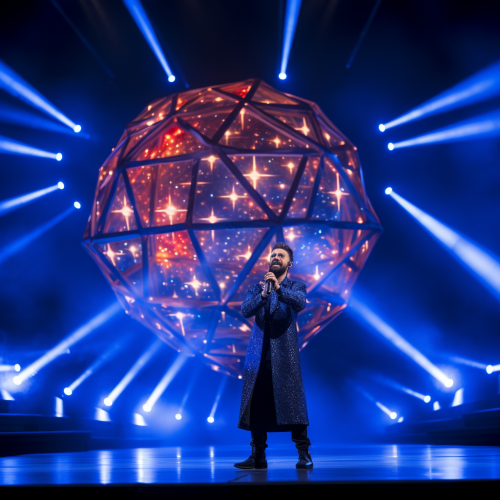 Stereotypical Eurovision singing on stage