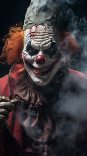 Sinister evil clown surrounded by smoke