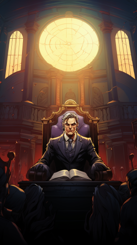 Evil fantasy judge in courtroom