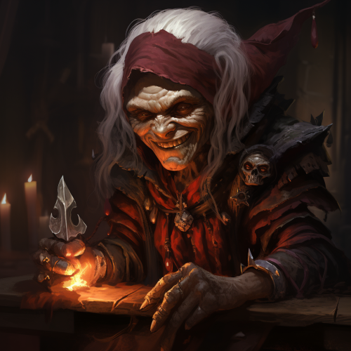Female gnome rogue with evil grin and poisoned dagger
