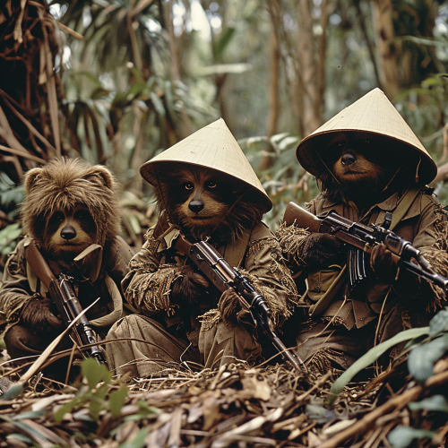 Ewok Vietcong with conical hats and AK-47s