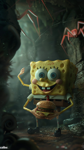 SpongeBob holding Krabby Patty burger