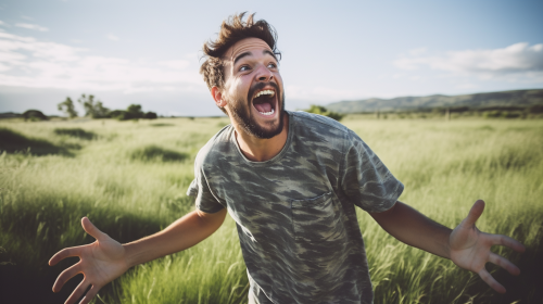 Excited college man showing shoulder