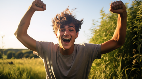 College-aged man flexing arm in grass