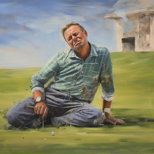 Exhausted golfer laying in grass feeling disoriented and in pain
