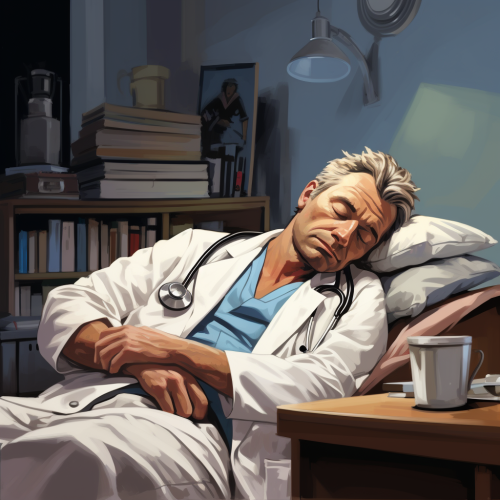 Cartoon of exhausted resident physician sleeping with pager