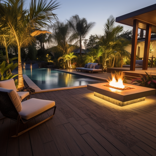 Exotic pool deck with palm trees and bamboo furniture