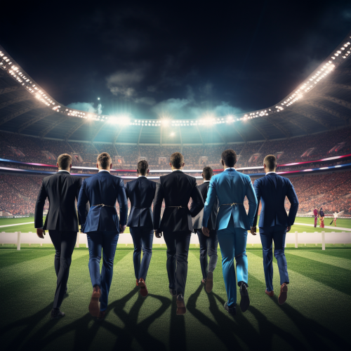 Group of men in expensive tuxedos racing on a track