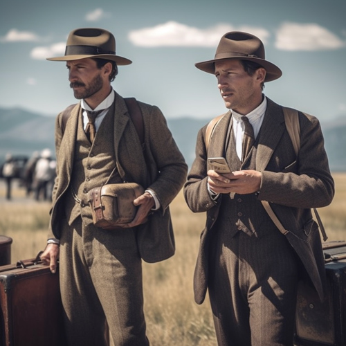 two gentlemen explorers with cell phone two gentlemen explorers with cell phone