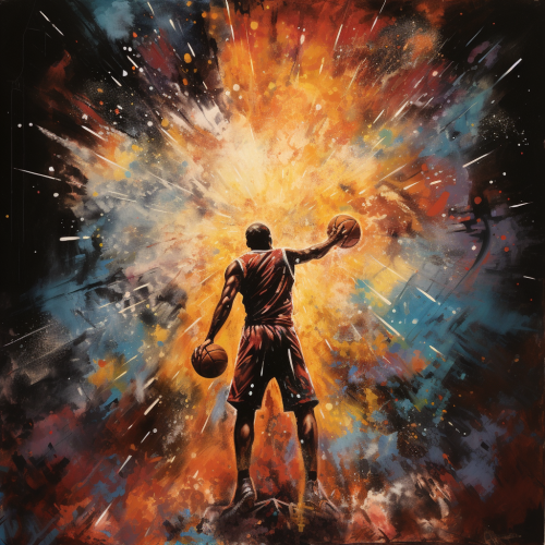 Basketball player dunking in explosion nebula