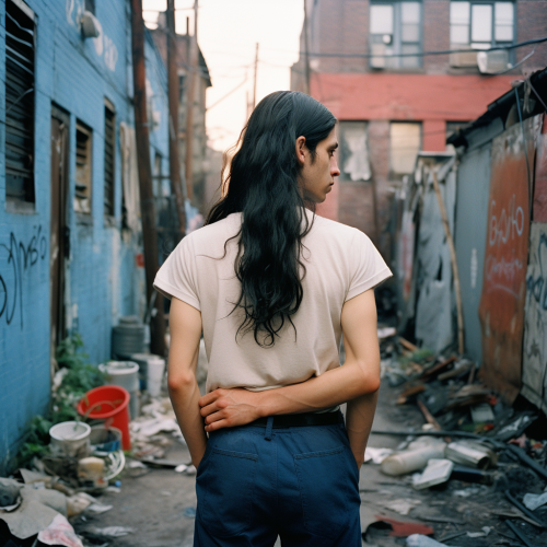 Emotive black-haired person in New York alley