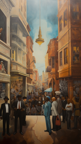 Faded painting of city officials observing dance