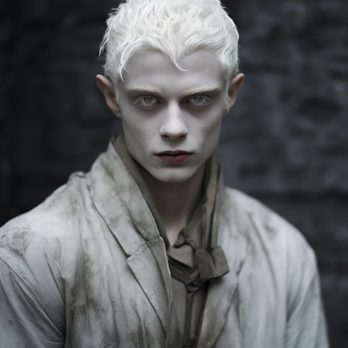 Faelan with silver-white hair and red eyes