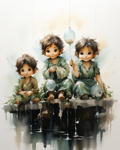 Adorable fairy riding humming birds on whimsical background