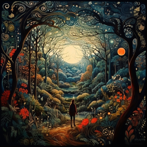 Man walking in a moonlit forest Man walking in a moonlit forest