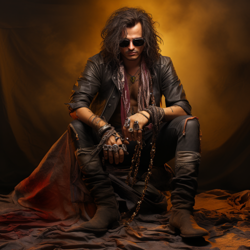 Stylish fallen rockstar with long hair and leather attire