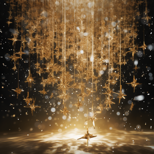 Gold streamers with snow crystal falling gracefully Gold streamers with snow crystal falling gracefully