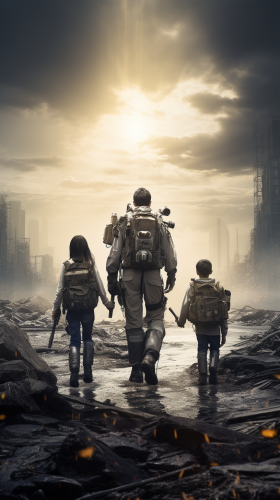 Family carrying backpacks in dystopian scene